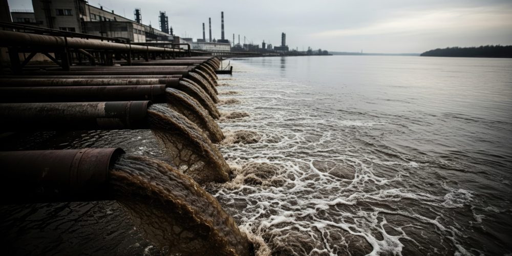 Brown waste water pouring from pipes into a river, posing an environmental pollution problem. Industrial complex visible in the background.