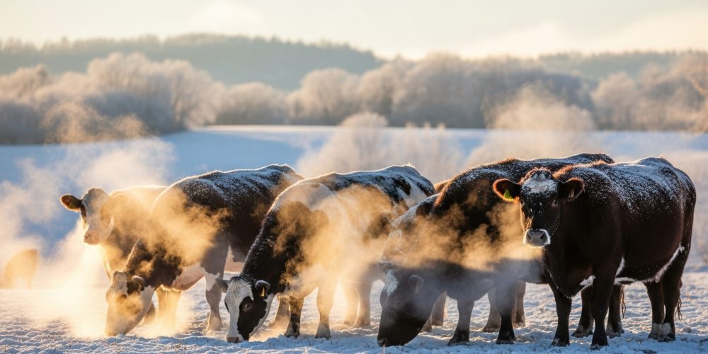 Cows on snowy field in winter, grazing despite cold. Cows in winter environment, with snow covering landscape, eat grass, creating a picturesque scene of rural life.