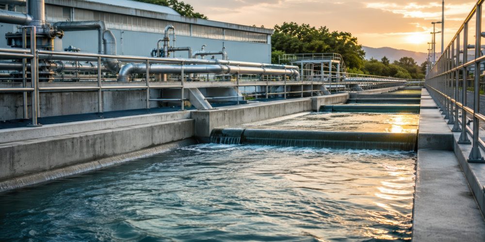 wastewater treatment plant with flowing water in concrete channels, industrial pipes and sunset light, sustainable environmental infrastructure and water purification concept